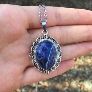 Large Gemstone Silver Necklace Elegant Sodalite